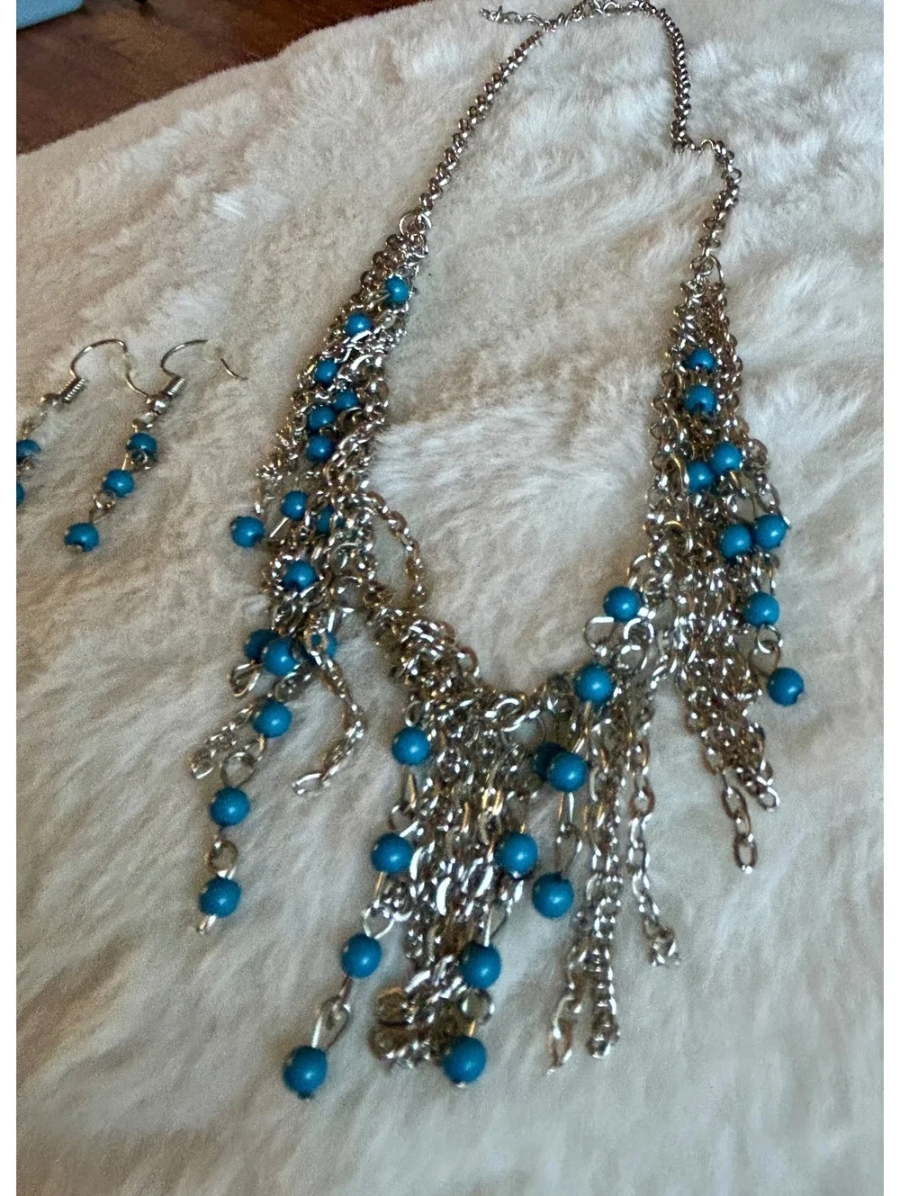 Silver Chain Necklace and Earrings Set with Blue Beads